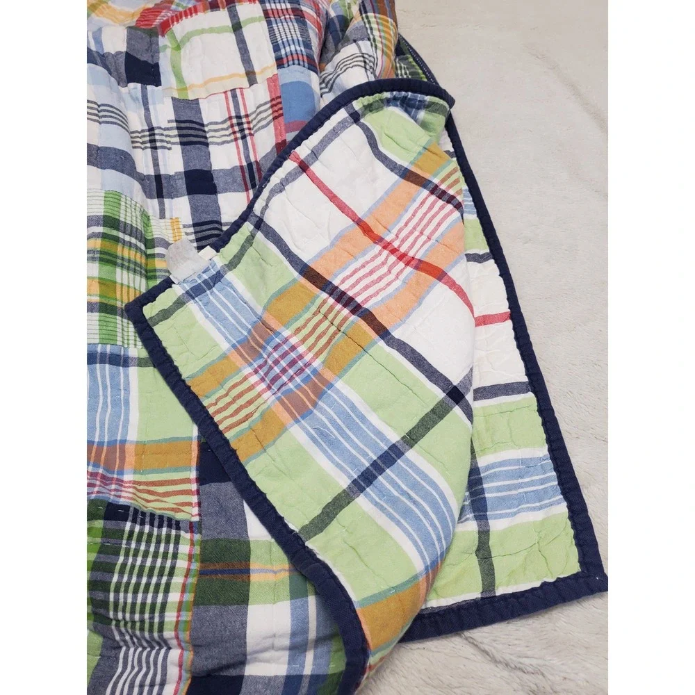 Pottery Barn Kids Blue White Multicolored Madras Plaid Twin Quilt Kidcore Retro